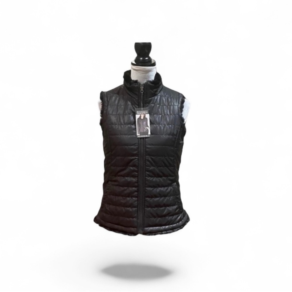 Nicole Miller reversible black puffer faux fur warm gorpcore casual vest small